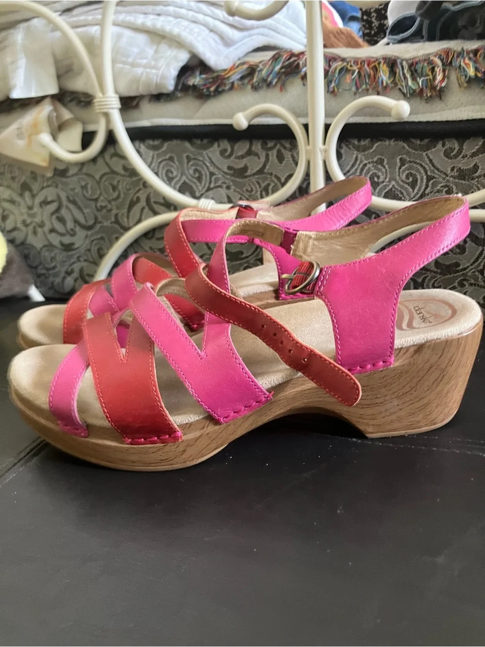 Dansko Pink and Red Two-Tone Leather Wedge Sandals